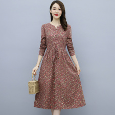 棉布碎花連衣裙女2023春季新款系帶收腰顯瘦復古氣質(zhì)盤扣文藝裙子，女裝連衣裙，鑫思依格