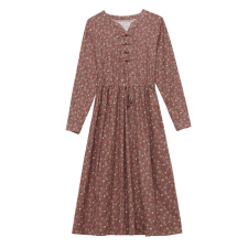 棉布碎花連衣裙女2023春季新款系帶收腰顯瘦復古氣質(zhì)盤扣文藝裙子，女裝連衣裙，鑫思依格