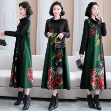 印花大码女装连衣裙2024春秋装长袖200斤妈妈装胖mm遮肚减龄长裙，女装连衣裙，缘衣格