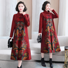 中年妈妈装秋装中国风高领盘扣连衣裙中老年女装2025春秋新款长裙，女装连衣裙，缘衣格