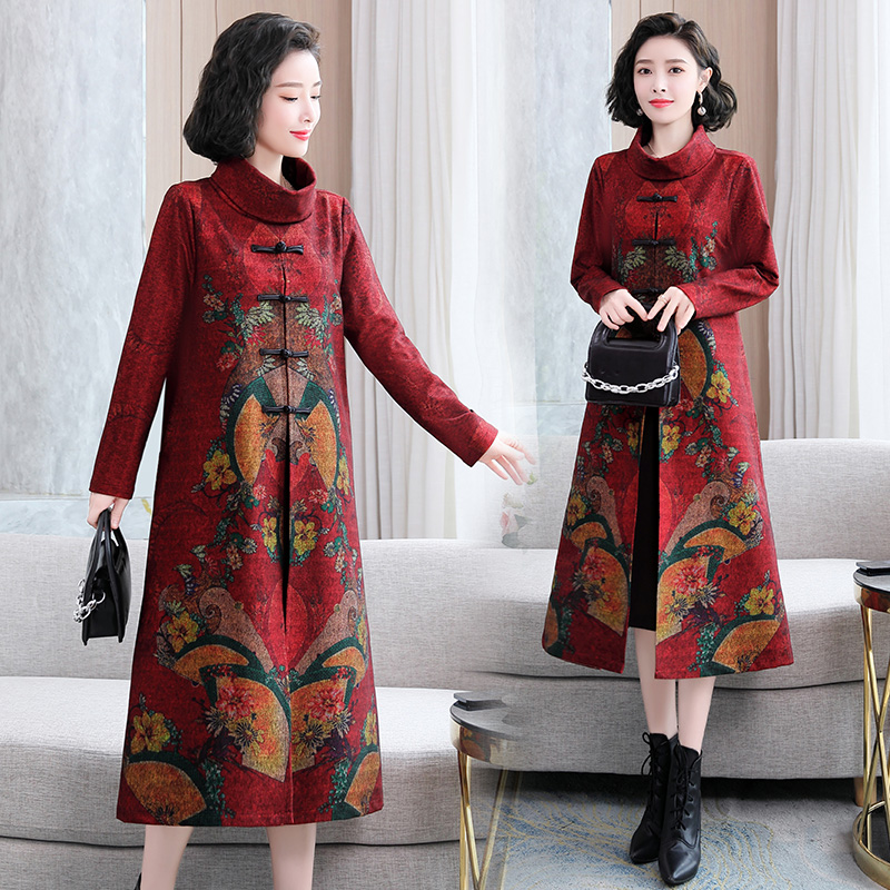 中年妈妈装秋装中国风高领盘扣连衣裙中老年女装2025春秋新款长裙，女装连衣裙，缘衣格