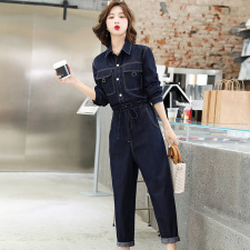连体裤女2025春秋时尚简约收腰显瘦休闲炸街百搭衬衫领工装连衣裤，女装套装/套裙，E百度