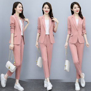 粉红色西服套装女秋季2024年新款时尚休闲高档西装外套气质两件套,女装套装/套裙,韩然一族