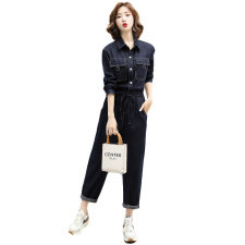 连体裤女2025春秋时尚简约收腰显瘦休闲炸街百搭衬衫领工装连衣裤，女装套装/套裙，E百度