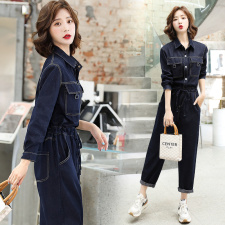 连体裤女2025春秋时尚简约收腰显瘦休闲炸街百搭衬衫领工装连衣裤，女装套装/套裙，E百度