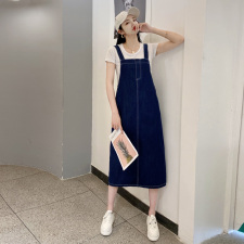 时尚潮流/黑色复古牛仔背带连衣裙女夏季2021新款中长款休闲裙，女装套装/套裙，布衣桑