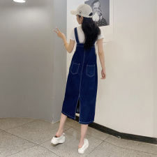 时尚潮流/黑色复古牛仔背带连衣裙女夏季2021新款中长款休闲裙，女装套装/套裙，布衣桑