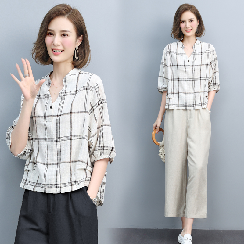 棉麻短袖t恤女夏季薄款2024新款格子衬衣中年妈妈宽松亚麻V领小衫，女装套装/套裙，璐依舞
