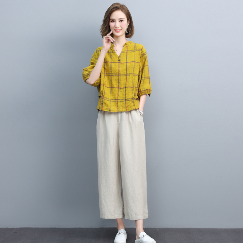 棉麻短袖t恤女夏季薄款2024新款格子衬衣中年妈妈宽松亚麻V领小衫，女装套装/套裙，璐依舞