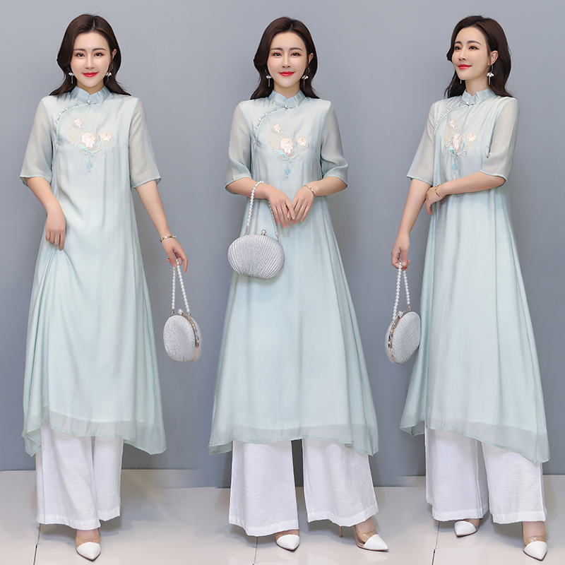 芷墨原创时尚风刺绣连衣裙阔腿裤两件套装茶服，女装套装/套裙，芷墨服饰