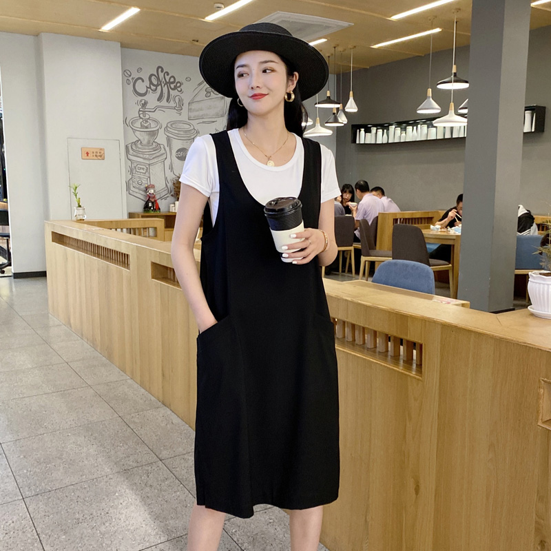 时尚潮流/2021夏装新款宽松中长款时尚休闲两件套背带连衣裙女，女装套装/套裙，布衣桑
