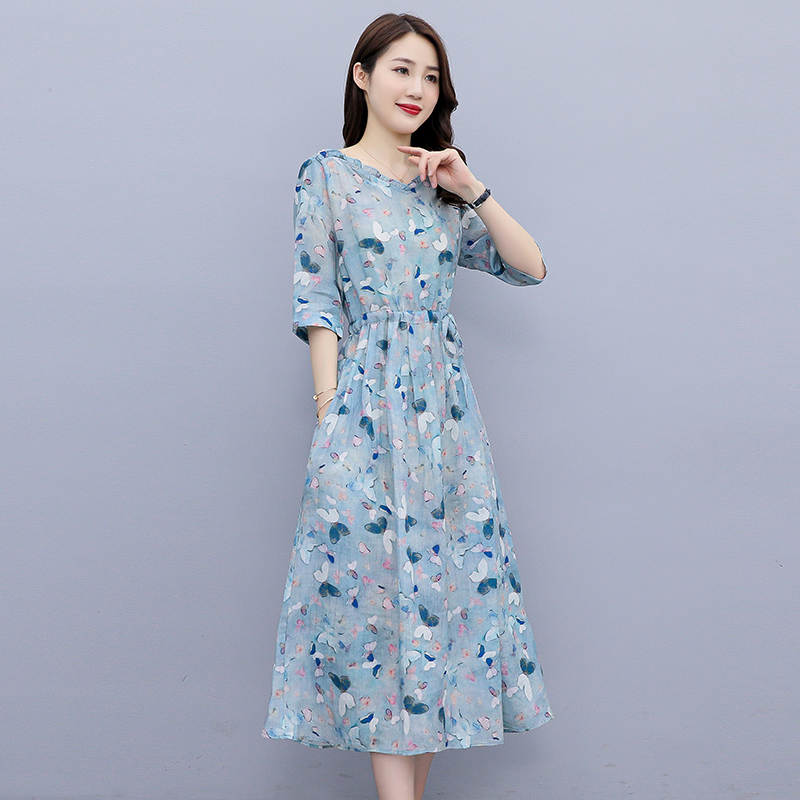 苏杭高端亚麻碎花连衣裙2025新款夏季减龄时尚收腰显瘦棉麻长裙子，女装连衣裙，雅佳俏