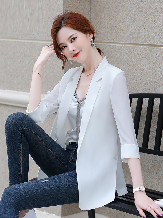 防晒设计雪纺西装外套女宽松休闲时尚气质白色小西服上衣薄款，商品下架区商品下架区，依町