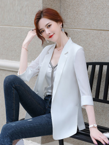 防晒设计雪纺西装外套女宽松休闲时尚气质白色小西服上衣薄款，商品下架区，依町