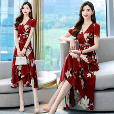 2025夏季新款向日葵花朵黄色连衣裙女不规则茶歇法式雪纺桔梗长裙，女装连衣裙，海爱依仁