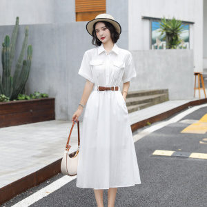 白色衬衫连衣裙腰带女夏季高级感2024新款收腰显瘦气质天丝衬衣裙，女装连衣裙，咫尺缘