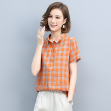 短袖格子衬衫女夏2021新款韩版宽松显瘦拼接套头百搭衬衣女上衣棉，女装衬衫，璐依舞