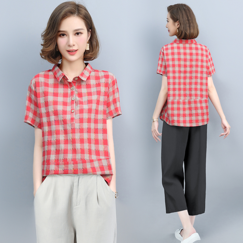 短袖衬衫女2021年新款POLO领中年妈妈50岁新疆棉宽松洋气格子上衣，女装套装/套裙，璐依舞