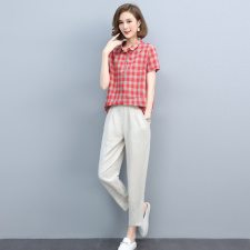 短袖格子衬衫女夏2021新款韩版宽松显瘦拼接套头百搭衬衣女上衣棉，女装套装/套裙，璐依舞