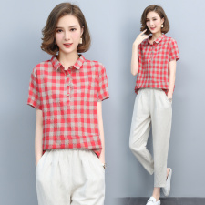 短袖格子衬衫女夏2021新款韩版宽松显瘦拼接套头百搭衬衣女上衣棉，女装套装/套裙，璐依舞