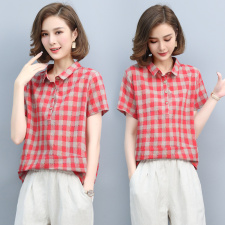 短袖格子衬衫女夏2021新款韩版宽松显瘦拼接套头百搭衬衣女上衣棉，女装衬衫，璐依舞