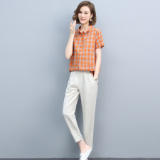 短袖格子衬衫女夏2021新款韩版宽松显瘦拼接套头百搭衬衣女上衣棉，女装套装/套裙，璐依舞