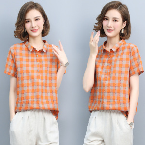 短袖格子衬衫女夏2021新款韩版宽松显瘦拼接套头百搭衬衣女上衣棉，女装衬衫，璐依舞