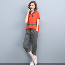 中年妈妈棉麻格子套装女夏2025新款时尚休闲遮肚子显瘦洋气两件套，女装套装/套裙，璐依舞