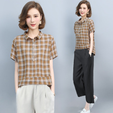 短袖衬衫女2021年新款POLO领中年妈妈50岁新疆棉宽松洋气格子上衣，女装套装/套裙，璐依舞
