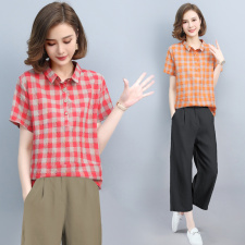 短袖衬衫女2021年新款POLO领中年妈妈50岁新疆棉宽松洋气格子上衣，女装套装/套裙，璐依舞