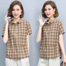 短袖格子衬衫女夏2021新款韩版宽松显瘦拼接套头百搭衬衣女上衣棉，女装衬衫，璐依舞