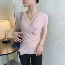 蕾丝衫T恤打底衫女短袖2021春夏V领交叉上衣不规则上衣女潮，女装蕾丝衫/雪纺衫，潮品会