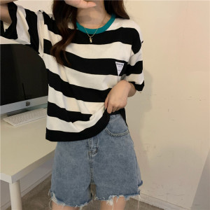 冰丝圆领套头撞色条纹修身百搭短袖针织上衣女,女装T恤,潮品会