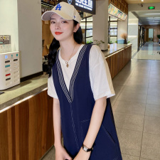新款假两件连衣裙2021夏欧洲站宽松显瘦大码女装中长款拼接a字裙，女装连衣裙，布衣桑