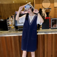 新款假两件连衣裙2021夏欧洲站宽松显瘦大码女装中长款拼接a字裙，女装连衣裙，布衣桑
