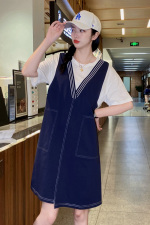 新款假两件连衣裙2021夏欧洲站宽松显瘦大码女装中长款拼接a字裙，女装连衣裙，布衣桑