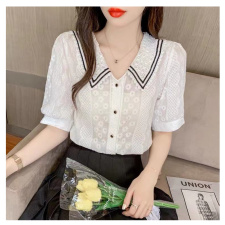 高品质花边面料吗！娃娃领衬衫女夏季2021新款短袖设计感小众刺绣法式温柔风白色上衣，女装蕾丝衫/雪纺衫，潮品会