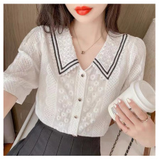 高品质花边面料吗！娃娃领衬衫女夏季2021新款短袖设计感小众刺绣法式温柔风白色上衣，女装蕾丝衫/雪纺衫，潮品会