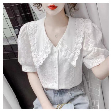 2021年夏季新款时尚减龄蕾丝钩花娃娃领衬衫女泡泡袖短款气质上衣，女装蕾丝衫/雪纺衫，潮品会