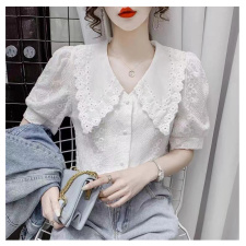 2021年夏季新款时尚减龄蕾丝钩花娃娃领衬衫女泡泡袖短款气质上衣，女装蕾丝衫/雪纺衫，潮品会