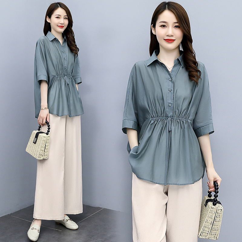 折扣年轻妈妈套装女夏新款时尚休闲大码亚麻衬衫夏装两件套，女装套装/套裙，关键词