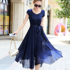 连衣裙女夏季2025新款高级感印花系带收腰显瘦中长款气质大摆裙子，女装连衣裙，阿舍尔