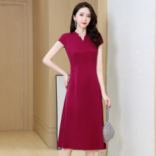 重磅真丝连衣裙2025夏装新款纯色时尚复古改良旗袍裙年轻妈妈裙子，女装连衣裙，阿舍尔