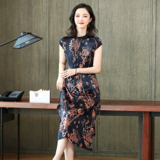 印花桑蚕丝裙子2024新款夏季气质优雅妈妈杭州高端重工真丝连衣裙，女装连衣裙，阿舍尔