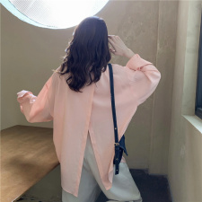 价韩版复古宽松显瘦百搭长袖衬衣后开叉中长款防晒衫，女装衬衫，潮品会