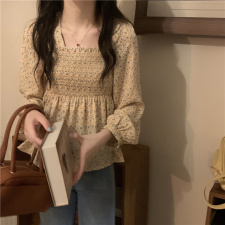 碎花雪纺衫新款方领收腰显瘦衬衫，女装蕾丝衫/雪纺衫，潮品会