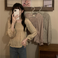 碎花雪纺衫新款方领收腰显瘦衬衫，女装蕾丝衫/雪纺衫，潮品会