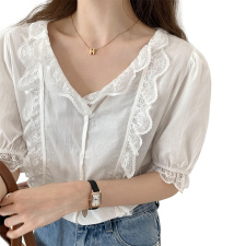 短袖夏季女别致小上衣2021年夏季新款镂空设计小心机衬衫薄款，女装蕾丝衫/雪纺衫，潮品会