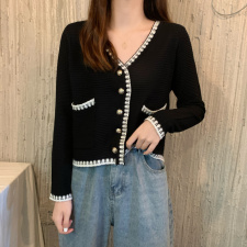 价韩版重工小香风金属扣V领显瘦长袖针织开衫上衣，女装蕾丝衫/雪纺衫，潮品会