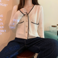 价韩版重工小香风金属扣V领显瘦长袖针织开衫上衣，女装蕾丝衫/雪纺衫，潮品会